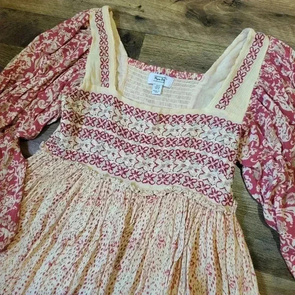 Myra Bag Pink Longsleeve Embroidered Smocked Dress Size Small - Picture 3 of 7